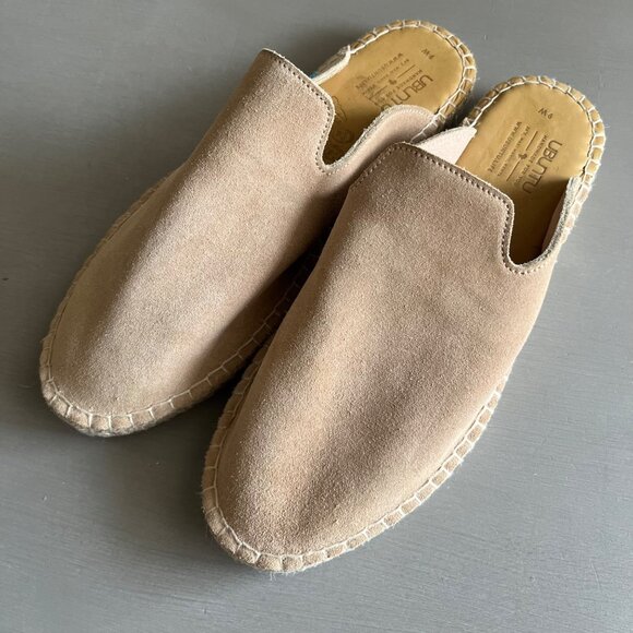 Ubuntu SIZE 9 Womens Lamu Mules Slides Tan Suede Leather Espadrille Kenya - Picture 2 of 10